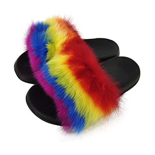 URSFUR Real Raccoon Fur Slides Slippers for women Girls Summer Open Toe Fluffy Slides Soft Sole