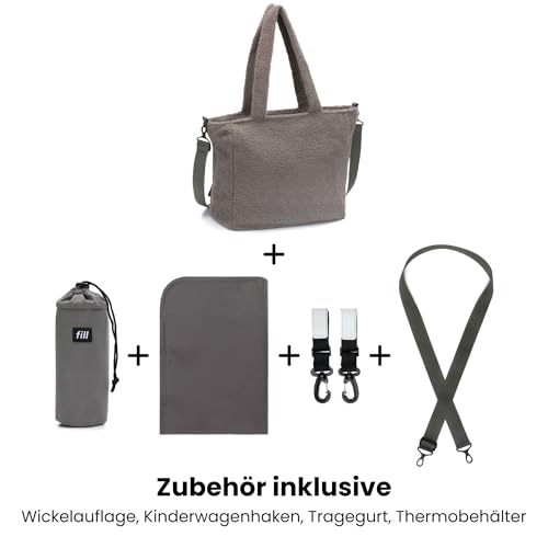 Fillikid Wickeltasche Teddy Big Exklusiv | Stilvolle Wickeltasche aus weichem Teddy-Material | Mit goldenen Details Wickelauflage, Schultertragegurt & Befestigungshaken für Kinderwagen & Buggys