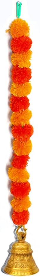 iHandikart Marigold Garland Artificial Fluffy Flower with Bell in The Bottom Used for Diwali Decoration|Home Decoration,Colour Light & Dark Orange, Pack of 10 (31511)