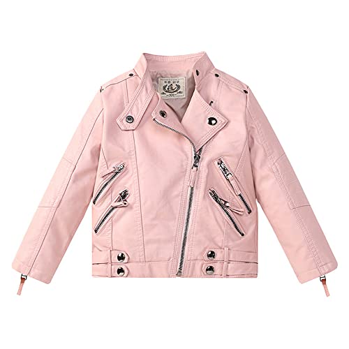 Lengender Veste en Simili Cuir Enfant Fille Manteau Courte PU Cuir Jacket Blouson Motard Perfecto Hiver Automne (Rose, 100)