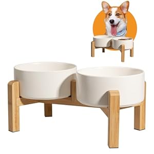 Elevated Ceramic Dog Bowl Set – Raised Dog Bowls with Non-Slip Bamboo Stand – Dog Food and Water Bowl Set – Double Dog Feeding Bowls – Suitable for Small and Medium Dogs – 28.74 OZ – 3.6 CUPS – 850 ML