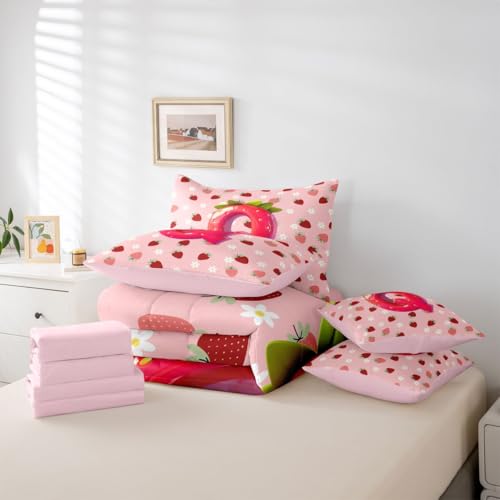 Image of Feelyou Girls Cute Strawberry Comforter Set with Sheets 7 Piece Twin Size Pink Strawberry Bedding Set for Kids Boys Girls Initial Letter Bed in a Bag Room Decor Soft Lightweight Microfiber