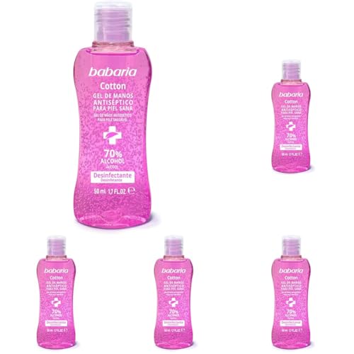 BABARIA - Gel Hidroalcoholico Manos Cotton - 50ml | Bote Pequeño desinfectante manos liquido | Rapida Absorccion | Hidratente | Gel Desinfectante, Con Algodón Y Rosa Mosqueta | Vegano (Paquete de 5)