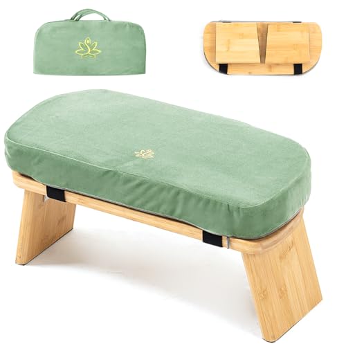 Estleys Meditation Bench, Bamboo Meditation Stool, Folding Kneeling Meditation Bench, Seiza Prayer Bench, Prayer Bench with Meditation Cushion, Kneeling Stool(Green-Bag)