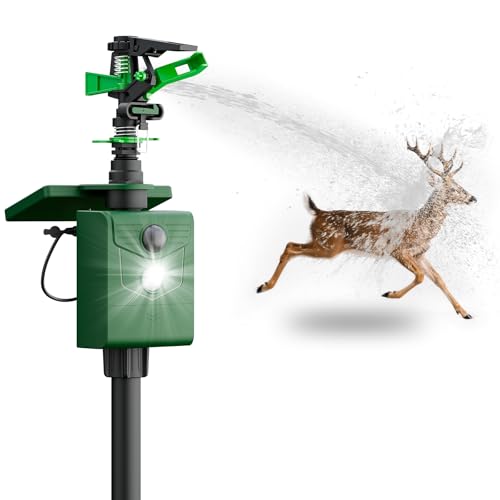 Motion Activated Animal Repeller with Water Sprinkler, Solar Powered Deer Repellent Devices, IP65 Waterproof Cat Repellent Outdoor with Flashing Light, Deter Foxes Skunks Dog Raccoons from Garden