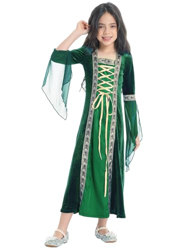 Manyakai Kids Girl's Renaissance Costume Medieval Lace Up Punk Irish Dress Long Halloween Cosplay Retro Gown Green 8 Years