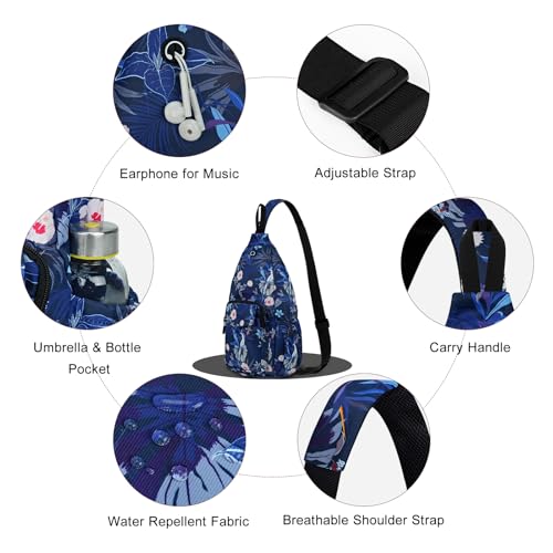 Duryarhall Sling Bag for Women Crossbody Chest Bag Convertible from Left to Right, Water Repellent Gym Backpack, Anit Theft, Purple Leaf Pink Flower — view 4