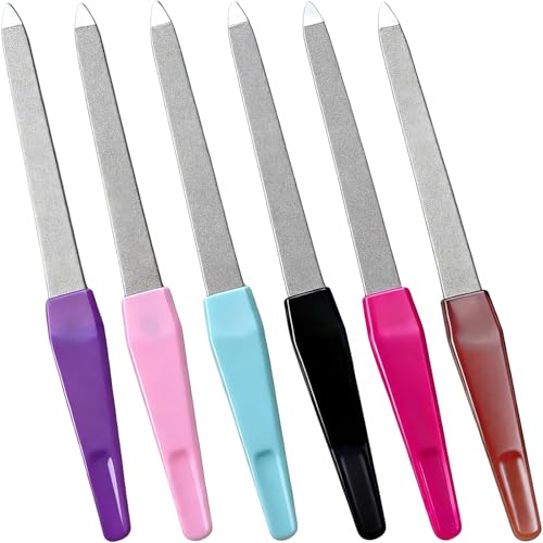 HIWRBDTI 6 Pack Metal Nail File Set for Natural Nails Professional Stainless Steel Sword Fingernail File with Sharp Tip & Non-Slip Handle Thin Sapphire Grit Diamond Finger Nail Files for Women & Men