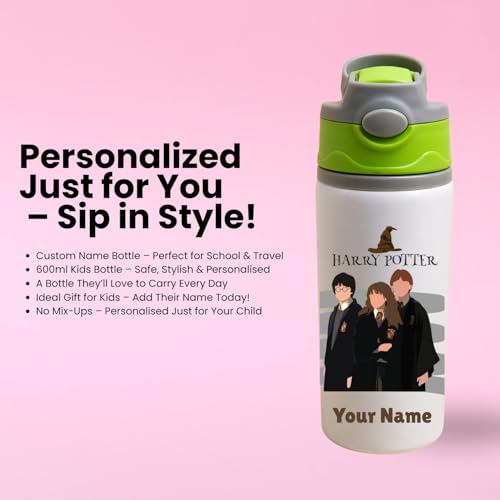 Image of Custom Name Kids Water Bottle 600ml Aluminium | Cartoon Design | Personalised School Bottle | Leakproof Flip Lid | Gift for Son, Daughter|Customise Gift