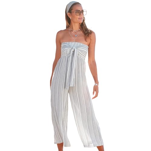 LASCANA Women's Strapless Tie Front Culotte Jumpsuit - Smocked Top, Breezy Stripe Print, Wide-Leg Fit, White & Grey, 14