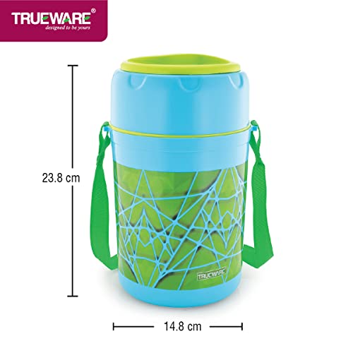 Image of Trueware Trendy 4 Inner Steel Outer Plastic thermoware Lunch Box | 4 Container 300 ML Each-Green | PU Insulated | Lunch Box | Tiffin | Hot lunch box | Leak Proof | Easy to Carry | Hot & Cold Food Grade| BPA Free | Stainless Steel Dabbi | Office | Outdoors | For Men, Women, and Kids