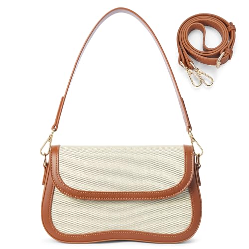 Telena Bolsa de ombro feminina de couro vegano, bolsas de ombro com 2 alças removíveis, bolsas transversais, 01-bege marrom, 9.8 x 1.9 x 5.9 inches