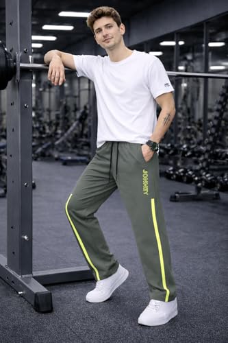 Image of Mack Jonney Men's Track Pants with Neon Yellow Side Stripe | Regular Fit Gym & Sports Lower | Activewear Training Joggers with Drawstring-M7961