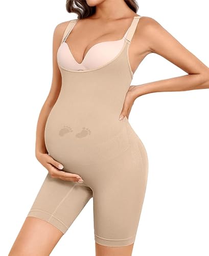 Y25D Women's Maternity Bodysuit Seamless Pregnancy Shapewear Shorts Under Dresses Belly Support Nude Small