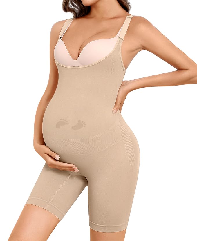 Y25D Women's Maternity Bodysuit Seamless Pregnancy Shapewear Shorts Under Dresses Belly Support Nude Large