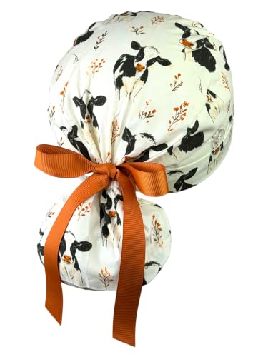 Image of Scrub Cap for Women and Men, Ponytail Scrub Caps, Working Hat, Head Cover with Ribbon Ties and Buttons, Long Hair