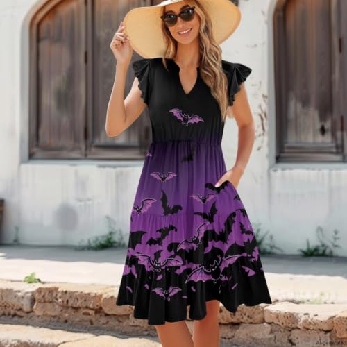 Image of Women's Casual Ruffle Sleeve Dress V Neck Pullover Dress Flowy A-Line Pleated Lightweight Dress with Pockets