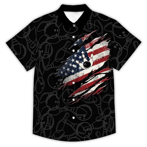 American Flag Bowling Hawaiian Shirts for Men Short Sleeve Casual Novelty Printed Hawaiian Shirt Button Down Aloha Shirts