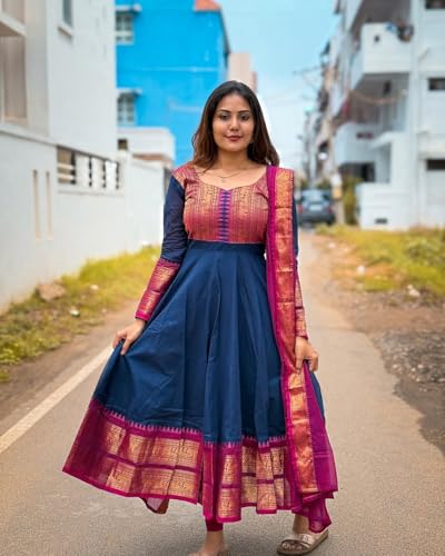 Image of Women's Vichitra Silk Anarkali Gown with Dupatta, Navy Blue Flared Traditional Dress with Magenta Zari Border, Jacquard Weaving Full Sleeves Ethnic Suit