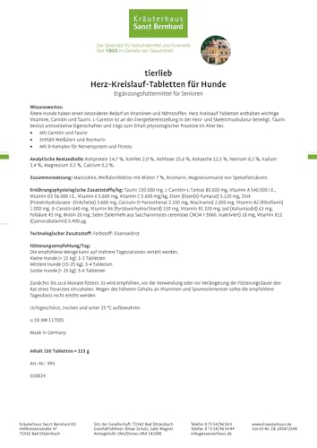 tierlieb Herz-Kreislauf Tabletten | Für Hunde | Mit Carnitin & Taurin | 180 Tabletten