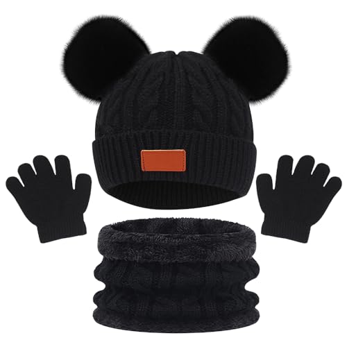 HIULLEN Kinder Wintermütze Schal Handschuhe Set, 3 Stück Beanie Hut Handschuhe Runder Schal Set, Thermo Knit Hut Loop Schlauchschal für Jungen Mädchen 2-6 Jahre Outdoor(Schwarz)