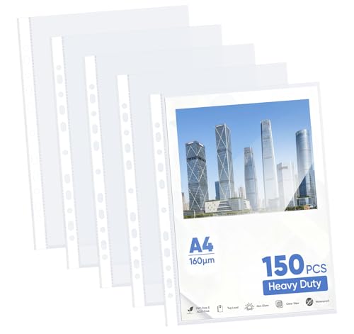 Image of Agoer 150 Pcs Heavy Duty A4 Plastic Punched Pockets,160 Micron Clear Plastic Wallets,Extra Strong Poly Pocket,11 Holes for Ring Binder A4 Sleeves and Document Protection