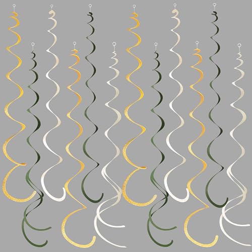 Image of 36Pcs Sage Green Gold Hanging Swirl Decorations Glitter Gold Olive Green Beige Felt Swirl Streamer Spiral Ceiling Garland for Wild One Jungle Woodland Safari Neutral Birthday Wedding Party Supplies