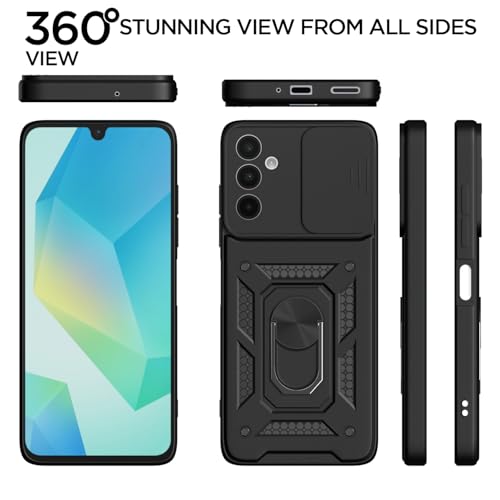 Image of Pikkme D10 Tough Armor Bumper Case | 360 Protection Case | Sliding Camera Shield Cover & Ring Holder Stand Back Cover for Samsung Galaxy A16 5G (Black)