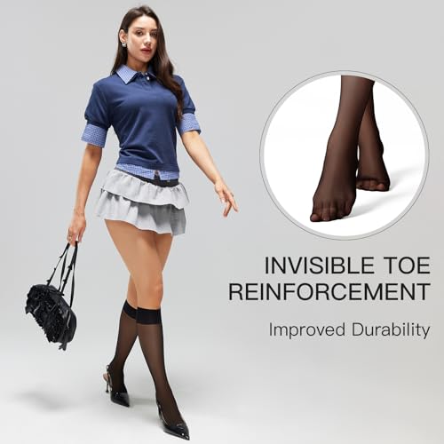 Image of Yilanmy 12 Pairs Knee High Stockings for Women 20D Sheer Nylons Socks with Reinforced Toes