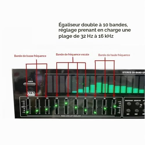 Égaliseur numérique, égaliseur graphique stéréo 31 bandes avec télécommande, câble audio, 12 modes de rythme, réduction automatique du bruit, analyseur de spectre musical LED