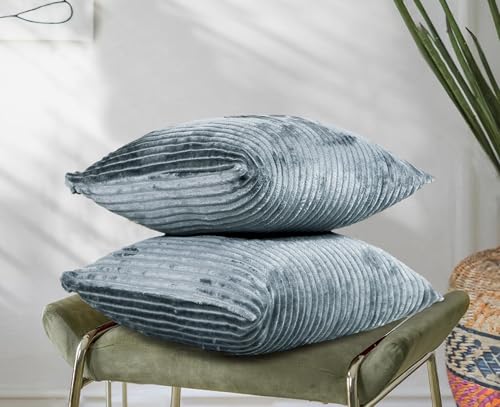 Image of RD TREND Cushion Cover Set of 2, Decorative Sofa Living Room Home Square Cushion Covers 18 Inch x 18 Inch, Aesthetic Corduroy Striped Double Sided (Grey)
