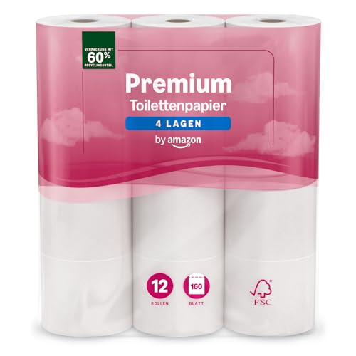 by Amazon Toilettenpapier, 4-lagig Gestepptes, Besonders Weich, 12 Rollen, 1-er Pack, 160 Blätter pro Rolle, FSC-Zertifiziert