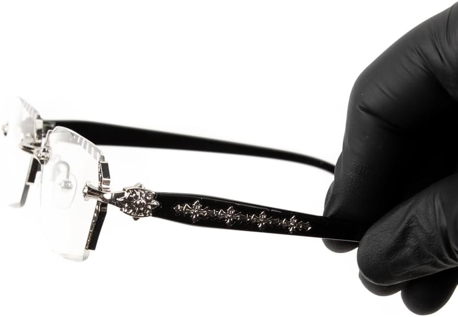 Street Knitted Retro Gothic Cross Style Vintage Designer Edge Cut Rimless Clear Lens Silver Frame Eyewear Unisex Square Frameless Men’s Women Clear Tint Rectangular Hip Hop Luxury Eye Glasses