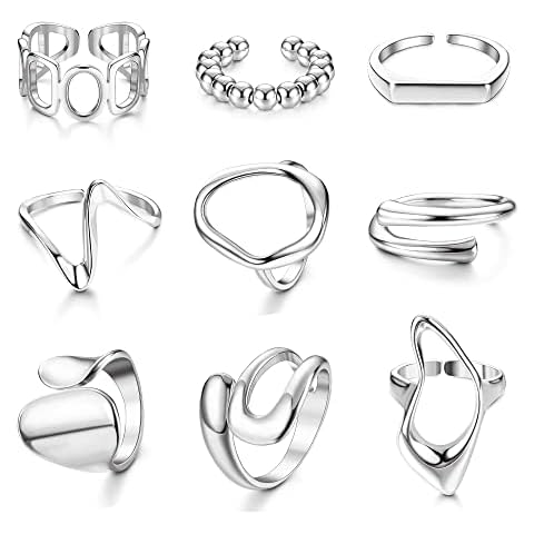 JeryWe 9 Pcs Open Rings for Women Girls Adjustable Knuckle Ring Set Silver Chunky Bohemian Rings Stackable Midi Finger Ring Minimalist Trend Cover