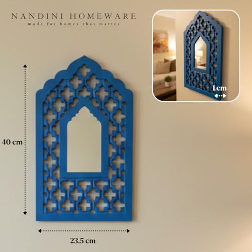 Image of Nandni Homeware Handcrafted Traditional Wooden Jharokha Wall Art with Mirror Work | Boho Vintage Style Decorative Wall Hanging for Living Room, Bedroom & Home Interiors (Blue Mughal)