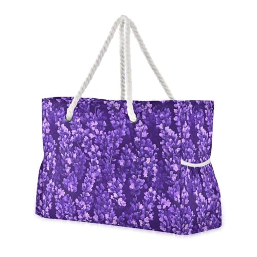 Lavender Flowers on A Purple Beach Bag & Travel Tote Bag Large Sandproof with Zipper Closure, Wet Pouch for Swim Gym Travel, Lightweight Foldable Outdoor Bag