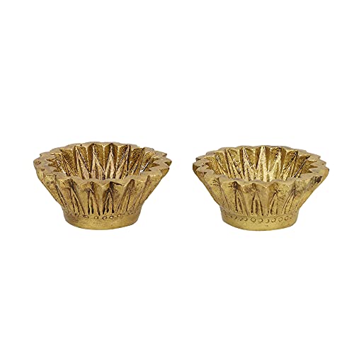 Image of Brass Round Line Pooja Diya, Kuber Deepak Oil Lamp, Pack of 2 | Set of two round brass diyas with decorative lined detailing for pooja, home temple and festive use