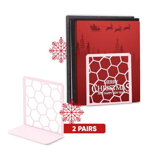 Image of Premium Bookends Geometric Honeycomb Metal Book Ends (Pink, 2 Pairs) Book End for Shelves