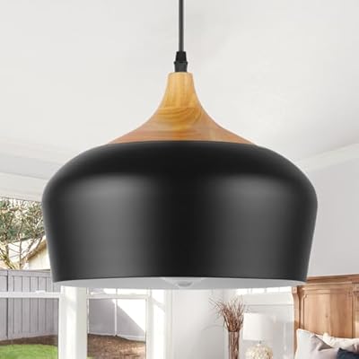 QianZhan Black Solid Wood Pendant Light, 11.8in Modern Pendant Lights Fixtures Adjustable Farmhouse Hanging Lighting,for Kitchen Island Dining Room Barn Sink Office Bedroom