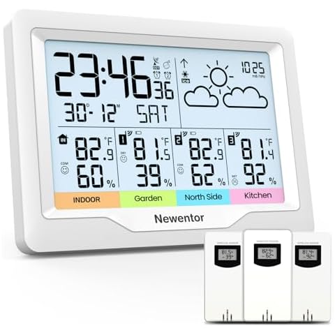 Newentor Weather Stations Wireless Indoor Outdoor Multiple Sensors, Indoor Outdoor Thermometer with Atomic Weather Clock Battery Powered, Temperature Humidity Monitor and Barometer for Home, White Cover