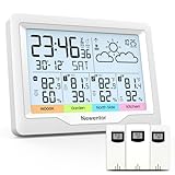 Newentor Weather Stations Wireless Indoor Outdoor Multiple Sensors, Indoor Outdoor Thermometer with Atomic Weather Clock Battery Powered, Temperature Humidity Monitor and Barometer for Home, White