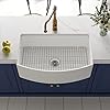 Farmhouse Kitchen Sink, DeerValley DV-1K516 33'' L x 21'' W Fireclay Farm Sink Grove Arch Edge Curved Apron Front Deep Sink White Single Bowl Kitchen Sink with Bottom Grid and Strainer