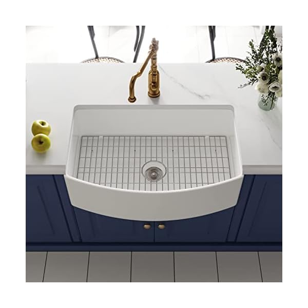 Farmhouse Kitchen Sink, DeerValley DV-1K516 33'' L x 21'' W Fireclay Farm Sink Grove Arch Edge Curved Apron Front Deep Sink White Single Bowl Kitchen Sink with Bottom Grid and Strainer