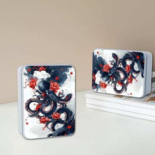 Image of Metal Tin Box with Lid for Game Cards Home Organizer Candles Keys Crafts Storage - Equipped with 4 Magnetic Cord Clips，Octopus and Red Flower