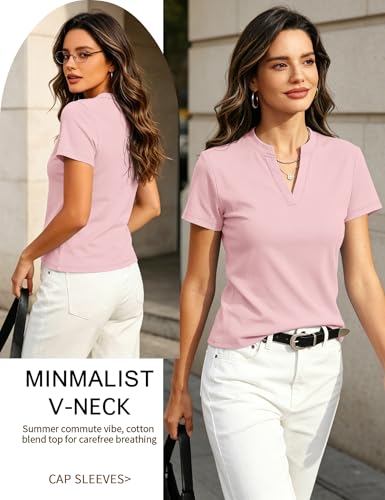 Image of Meetrendi Women's V Neck T-Shirt Cotton Blend Cap Sleeve Crop Tops Slim Fit Basic Tee Summer 2026