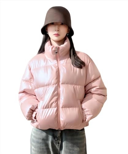 Women's Puffer Coat Short Lightweight Winter Jacket - Shiny Pink