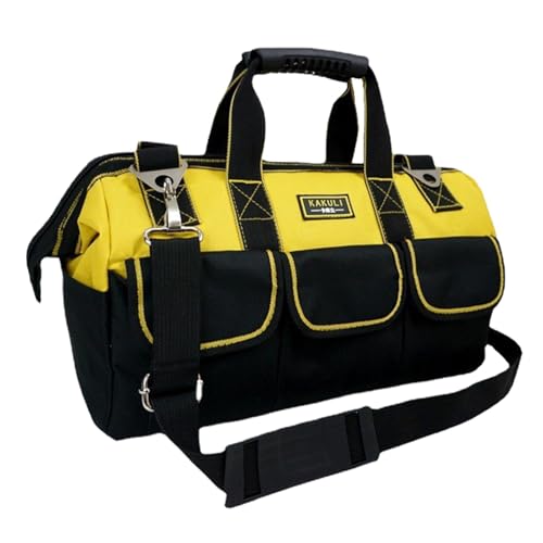 Pzuryhg Tool Bag, Heavy Duty Tool Bag, Multiple Pocket Tool Bag, Portable Tool Bag with Waterproof ABS Hard Base, Widely Open Mouth Heavy Duty Electricians Tool Bag with Adjustable Shoulder Strap