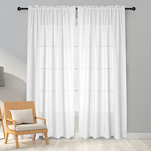 Melodieux White Semi Sheer Curtains 96 Inches Long for Living Room, Linen Look Bedroom Rod Pocket Voile Drapes, 52 by 96 Inch (2 Panels)