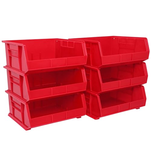Akro-Mils 30250 AkroBins Plastic Storage Bins, Space-Saving Stackable Bins for Garage, Pantry, Craft Organization, 15-Inch x 16-Inch x 7-Inch, Red, 6-Pack