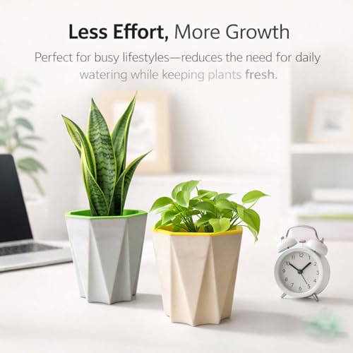 Image of Go Hooked Self Watering Plant Pot (4inch, Pack of 5) | Assorted Plastic Flower Pot with Inner Drainage Insert | Geometric Designer Planter for Indoor Plants, Succulents, Home Decor & Office Table Use